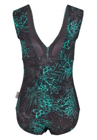 Maillot de bain noir avec un décolleté en V profond, orné d'un motif floral teal et d'accents texturés. Fabriqué en matériau extensible pour le confort.
