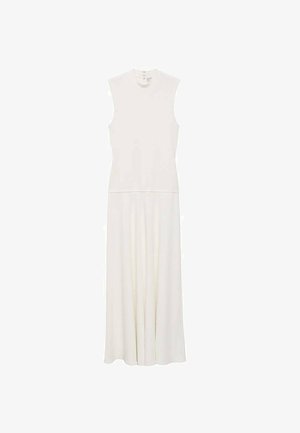 Robe blanche sans manches avec un col montant, un corsage ajusté et une jupe fluide. Tissu doux avec une texture lisse et un subtil détail de boutons à l'arrière.