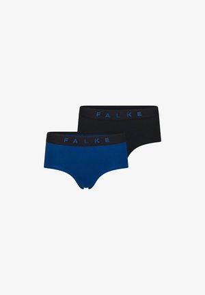 Culottes en coton taille haute, de couleur bleu foncé et noir. Dotées de ceintures douces avec le logo "FALKE" embossé en bleu, texture lisse sur l'ensemble.