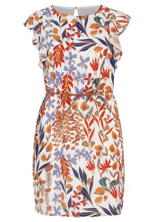 White short dress with ruffled sleeves, thin brown belt, and colorful floral pattern in red, orange, blue, and green tones.