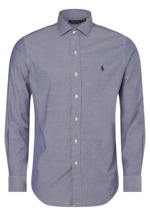 Hellblaues langärmliges Hemd mit Knöpfen und Kragen, mit auf der linken Brust eingesticktem Polo Ralph Lauren Logo.