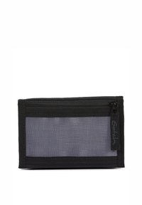 Schwarze Stoffgeldbörse mit einem transparenten Netzbereich, ausgestattet mit einem Reißverschluss und einer aufgenähten Logo-Tag an der Seite. Kompaktes rechteckiges Design.