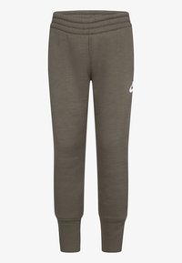 Pantalon de survêtement vert avec taille élastique, poignets côtelés, et un petit logo blanc sur la cuisse gauche. Fait en tissu doux et texturé.