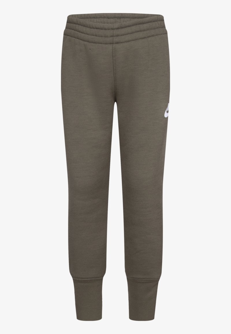 Pantalon de survêtement vert avec taille élastique, poignets côtelés, et un petit logo blanc sur la cuisse gauche. Fait en tissu doux et texturé.
