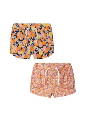Shorts featuring vibrant orange and yellow fruit patterns on a black background, and smaller floral designs in orange and purple, with drawstring waists.