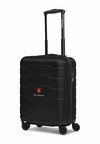 Black hardshell suitcase with textured surface, retractable handle, four wheels, and a red logo. Features a sleek rectangular design.