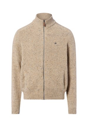 Beżowy sweter zapinany na zamek, wykonany z teksturowanej tkaniny, z kołnierzem stójkowym, z zamknięciem na zamek i bocznymi kieszeniami o subtelny wzór w kropki.