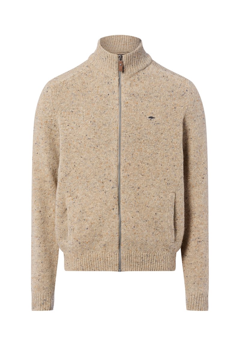 Beżowy sweter zapinany na zamek, wykonany z teksturowanej tkaniny, z kołnierzem stójkowym, z zamknięciem na zamek i bocznymi kieszeniami o subtelny wzór w kropki.