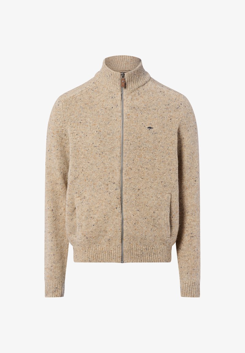 Beżowy sweter zapinany na zamek, wykonany z teksturowanej tkaniny, z kołnierzem stójkowym, z zamknięciem na zamek i bocznymi kieszeniami o subtelny wzór w kropki.