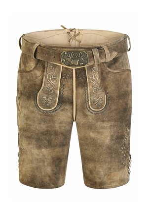 Traditionelle braune Wildleder-Lederhosen mit bestickten Details und einem Gürtel mit rechteckiger Schnalle, die mit einem Hirschkopf geprägt ist.