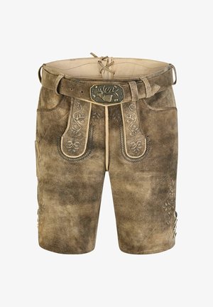 Traditionelle braune Wildleder-Lederhosen mit bestickten Details und einem Gürtel mit rechteckiger Schnalle, die mit einem Hirschkopf geprägt ist.