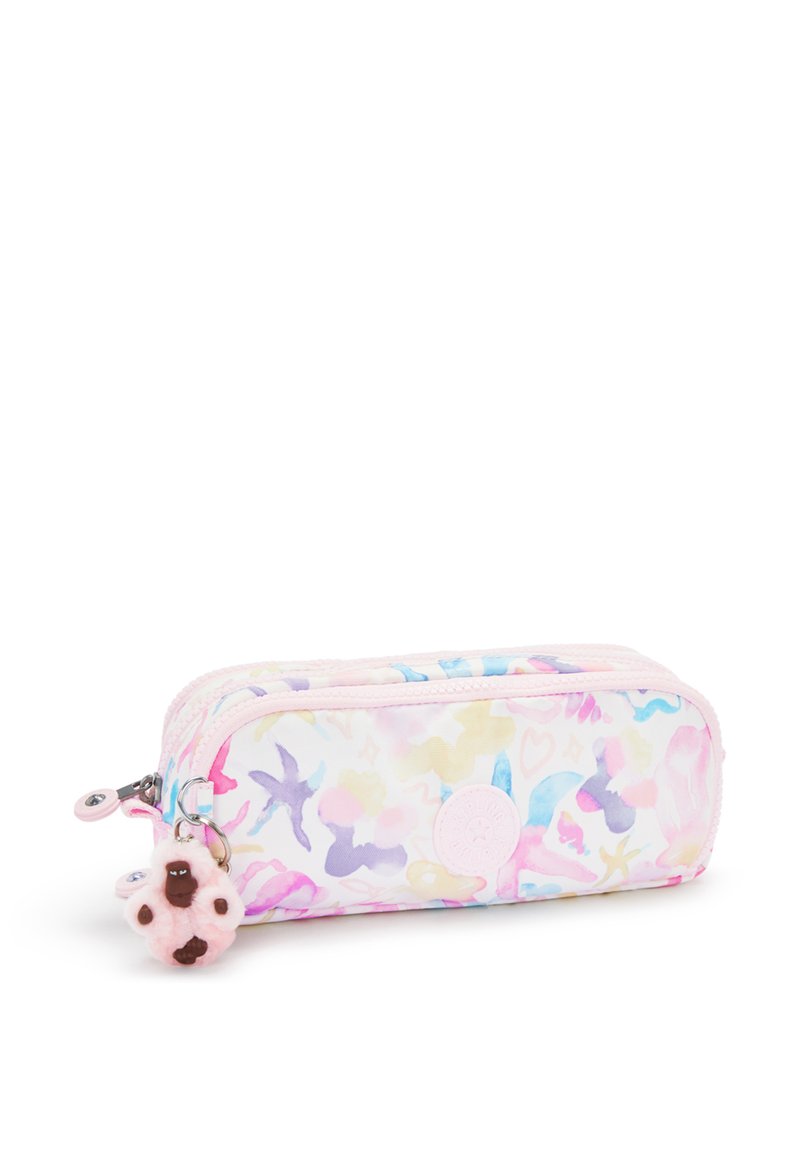 Piórnik z kolorowym wzorem akwarelowym w pastelowych odcieniach, z gładką powierzchnią, różowym zamkiem i przywieszką w kształcie puszystego pączka.