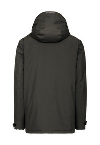 Dark gray hooded winter jacket with long sleeves, adjustable wrist straps, and visible stitching on a white background.