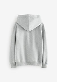 Sudadera gris con una capucha grande, puños y cinturilla acanalados. Textura suave y un pequeño logo cerca del dobladillo. Vista trasera mostrada.