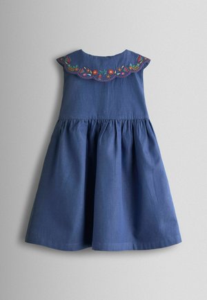 Denim dress with a flared skirt, blue color, featuring a scalloped collar adorned with colorful floral embroidery.