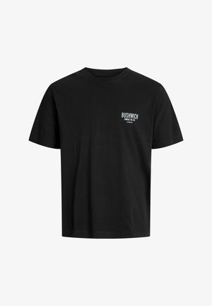 Black cotton t-shirt with short sleeves, a crew neck, and front left chest embroidery reading "BUSHWICH EMBRACE THE CITY."