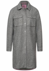 Giacca camicia lunga grigia e testurizzata con due tasche sul petto e bottoni a pressione. Presenta un colletto e una fodera rosa sull'orlo.