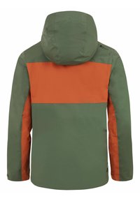 Grün- und orangefarbener blockierter Jacke mit Kapuze, ausgestattet mit glatter Textur und wasserdichtem Material. Die Rückansicht zeigt einfarbige Abschnitte.