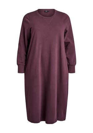 Bordeaux sweatshirtkjole lavet af blødt stof. Har lange ærmer, rund halsudskæring og en lige silhuet med en mellemlang længde.
