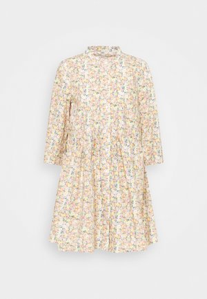 Leichtes, geblümtes Kleid mit langen Ärmeln, hohem Ausschnitt und gerafftem Rock, mit sanften Pastellfarben wie Gelb, Rosa und Grün.
