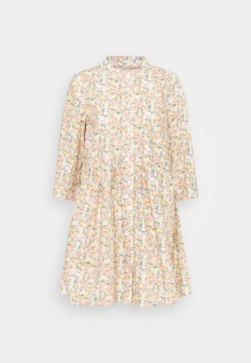 Robe légère à motif floral, manches longues, col montant et jupe froncée, aux couleurs pastel douces comprenant le jaune, le rose et le vert.