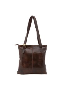 Sac fourre-tout en cuir marron avec une texture lisse, forme rectangulaire et deux poignées solides. Dispose d'une boucle en laiton sur le côté.