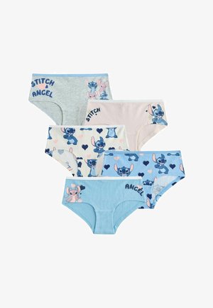 Pięć par dziecięcej bielizny z postaciami Stitch i Angel, z sercami i tekstem w pastelowym niebieskim, szarym, różowym i białym kolorze.
