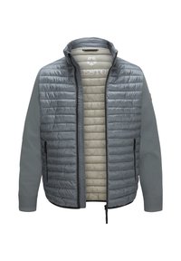 Gepolsterte Jacke mit grauer Außenseite und beiger Innenseite. Verfügt über ein gestepptes Design, einen Reißverschluss vorne und gestrickte Ärmel. Mit Reißverschlusstaschen an den Seiten.