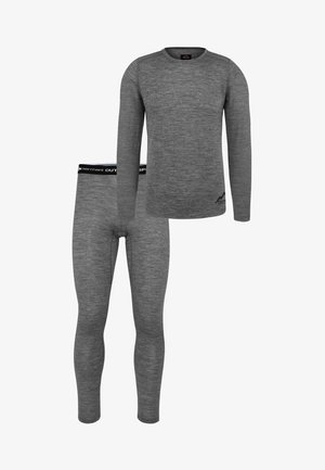 Gray thermal long-sleeve shirt and leggings set made from soft fabric. Features a black waistband with logo. Smooth texture and fitted design.