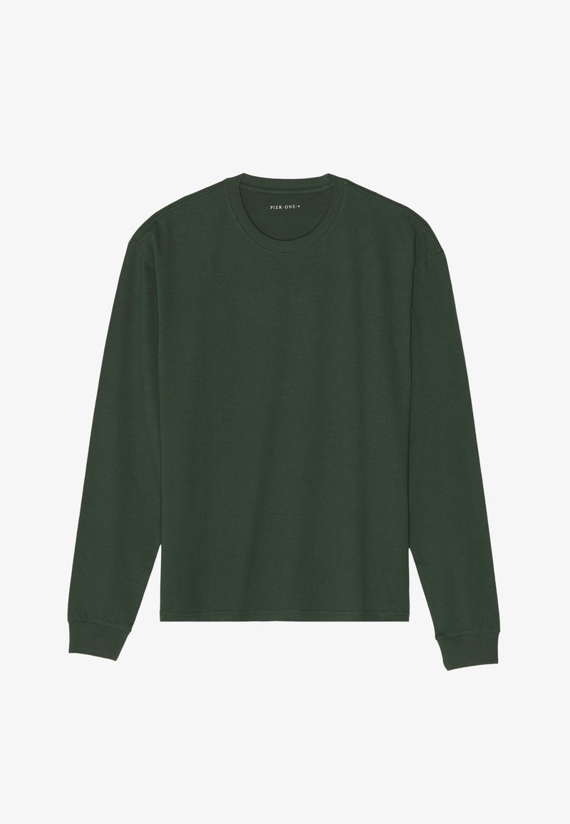 Green long-sleeve t-shirt made of soft fabric, featuring a round neck, relaxed fit, and ribbed cuffs. No visible patterns or hardware.