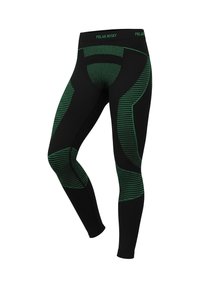 Schwarze Sportleggings mit grünen Musterakzenten und Streifen, einem hohen Bund und einem enganliegenden Design für verbesserte Leistung.