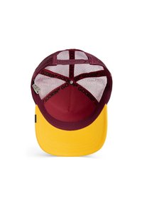 Maroon and yellow baseball cap with a curved brim, mesh back, and interior band featuring black branding.