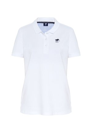 Weißes Poloshirt aus Baumwolle, mit klassischem Kragen, Drei-Knopf-Leiste und einem navy Logo auf der Brust. Kurzarm.