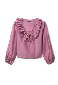 Blusa rosa con un colletto arricciato e maniche a sbuffo lunghe. Realizzata in tessuto morbido con un dettaglio annodato sul davanti.