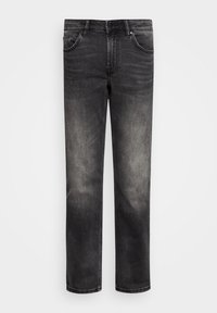 Zwarte spijkerbroek van denim met een vervaagde afwerking, rechte pijpen, klassieke vijf-pocket stijl en een tailleband met een metalen knoop en rits.