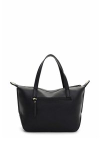 Czarna skórzana torebka o fakturowanej powierzchni, z dwoma krótkimi uchwytami, zamkiem błyskawicznym u góry i przednią kieszenią na zamek. Kompaktowy i uporządkowany design.