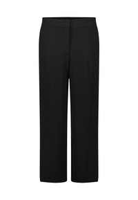 Schwarze weit geschnittene Hosen mit hoher Taille und einem verdeckten Frontverschluss, auf einem weißen Hintergrund präsentiert.