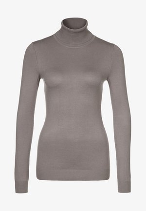 Istuvaksi neulottu, pitkähihaisen poolokaulusneule vaaleanharmaassa värissä, valmistettu resorimateriaalista, jossa on sileä rakenne ja tiukka kaulus.