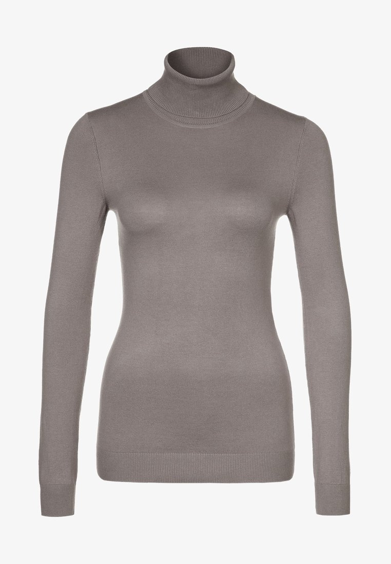 Pull ajusté à col roulé et manches longues en gris clair, fabriqué en matière côtelée avec une texture lisse et un col bien ajusté.