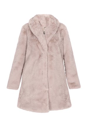 Faux fur coat in soft beige, featuring a wide collar, long sleeves, and a mid-length cut, with plush texture and no visible fastenings.