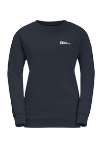 Sweatshirt in felpa blu navy con maniche lunghe, scollatura rotonda e logo sul petto. Tessuto morbido e vestibilità comoda. Design classico.