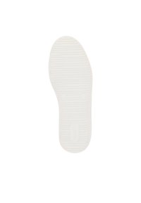 Weiße Schuhsohle mit strukturierten Rillen. Sie hat eine glatte, flache Oberfläche mit abgerundetem Zehenbereich und einem Ausschnitt für das Branding an der Ferse.