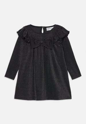 Robe noire à manches longues pour tout-petit en tissu pailleté, yoke à volants et grand nœud devant, avec fermeture à bouton goutte d'eau dans le dos.