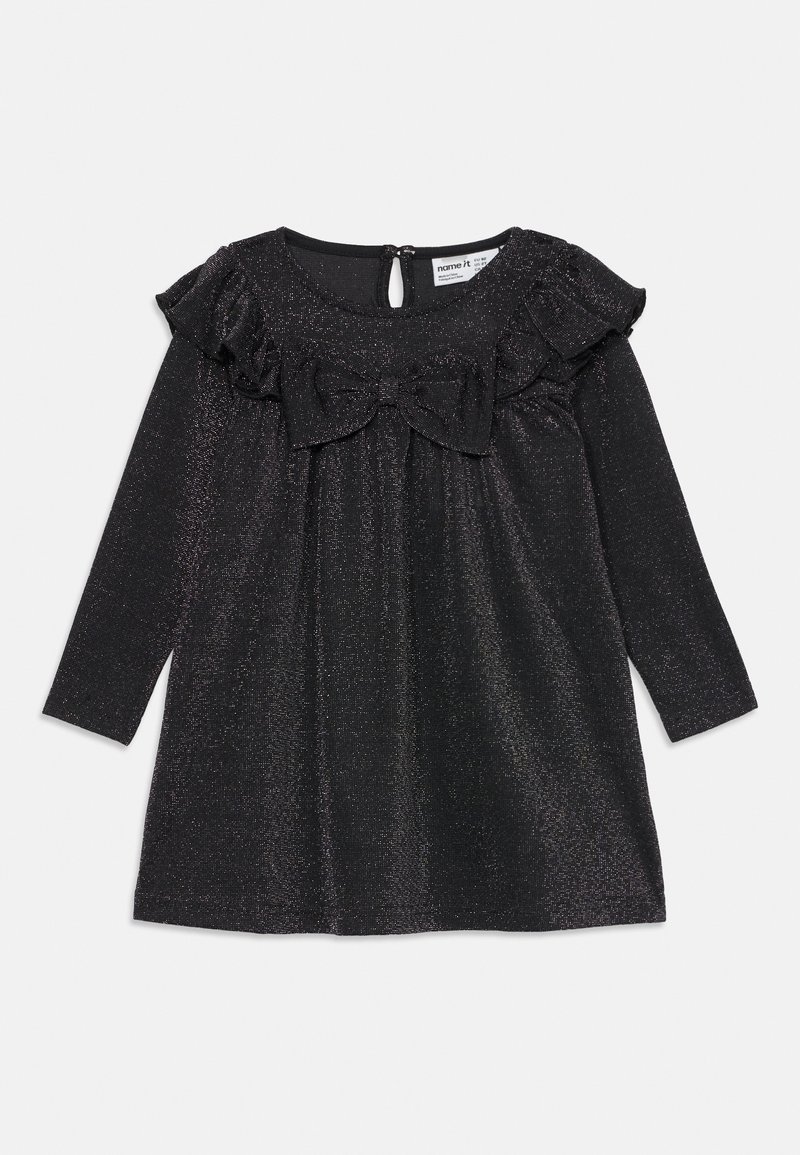 Robe noire à manches longues pour tout-petit en tissu pailleté, yoke à volants et grand nœud devant, avec fermeture à bouton goutte d'eau dans le dos.