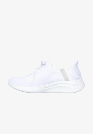White athletic shoe with a knit upper, lace closure, and a textured heel. Lightweight foam sole with a curved design for comfort.