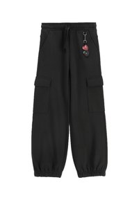 Czarne dresy z elastycznym pasem i mankietami, posiadające dwie boczne kieszenie oraz ozdobny brelok z sercami.