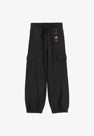 Czarne dresy z elastycznym pasem i mankietami, posiadające dwie boczne kieszenie oraz ozdobny brelok z sercami.