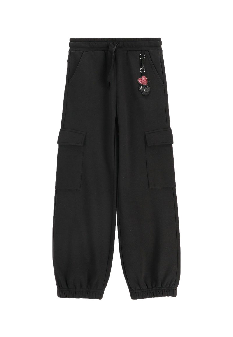 Czarne dresy z elastycznym pasem i mankietami, posiadające dwie boczne kieszenie oraz ozdobny brelok z sercami.