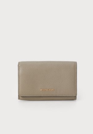 Gray leather wallet with a textured surface, featuring a gold logo on the front. Compact rectangular design with a flap closure.
