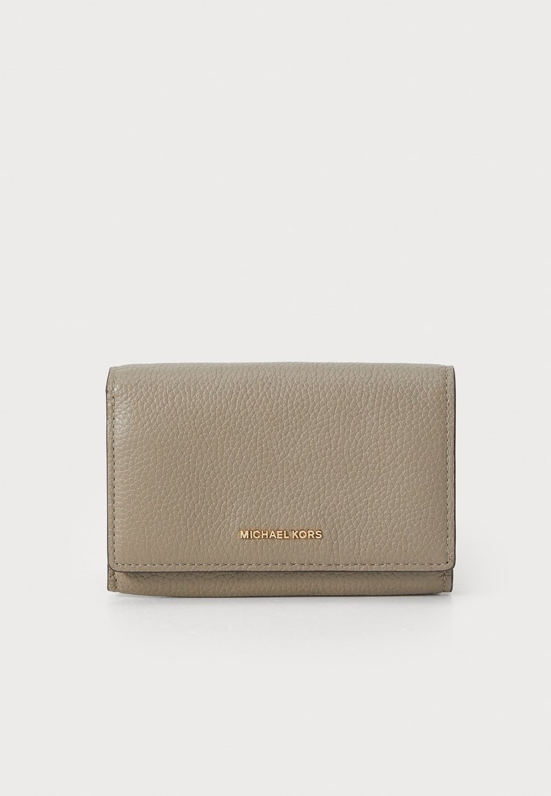 Gray leather wallet with a textured surface, featuring a gold logo on the front. Compact rectangular design with a flap closure.